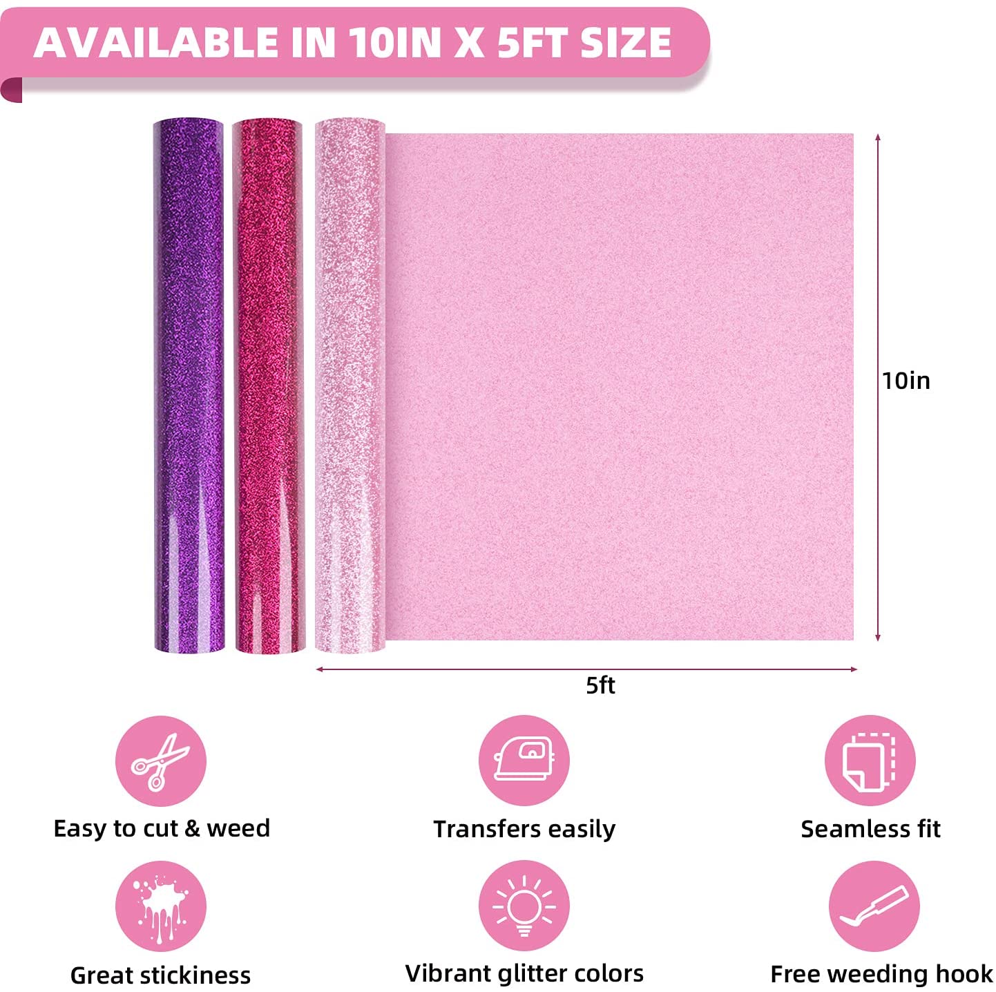 HTVRONT 9 Rolls 10"x5FT Glitter Heat Transfer Vinyl + 3 Rolls 12"x5FT Plain HTV Vinyl Iron on T-shirt