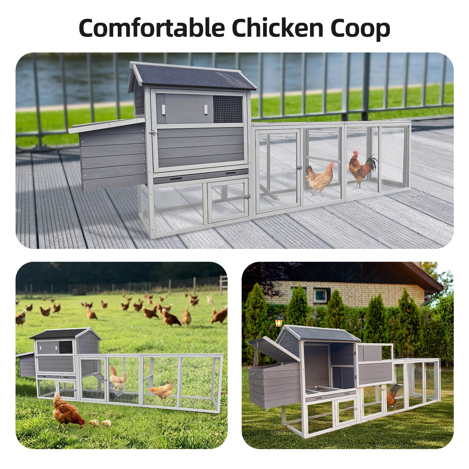 Wooden Chicken Coop, Large Outdoor Hen House with Run and Nesting Box Poultry Cage, Rabbit Hutch, Waterproof Anti-UV Panel for Backyard, Gray