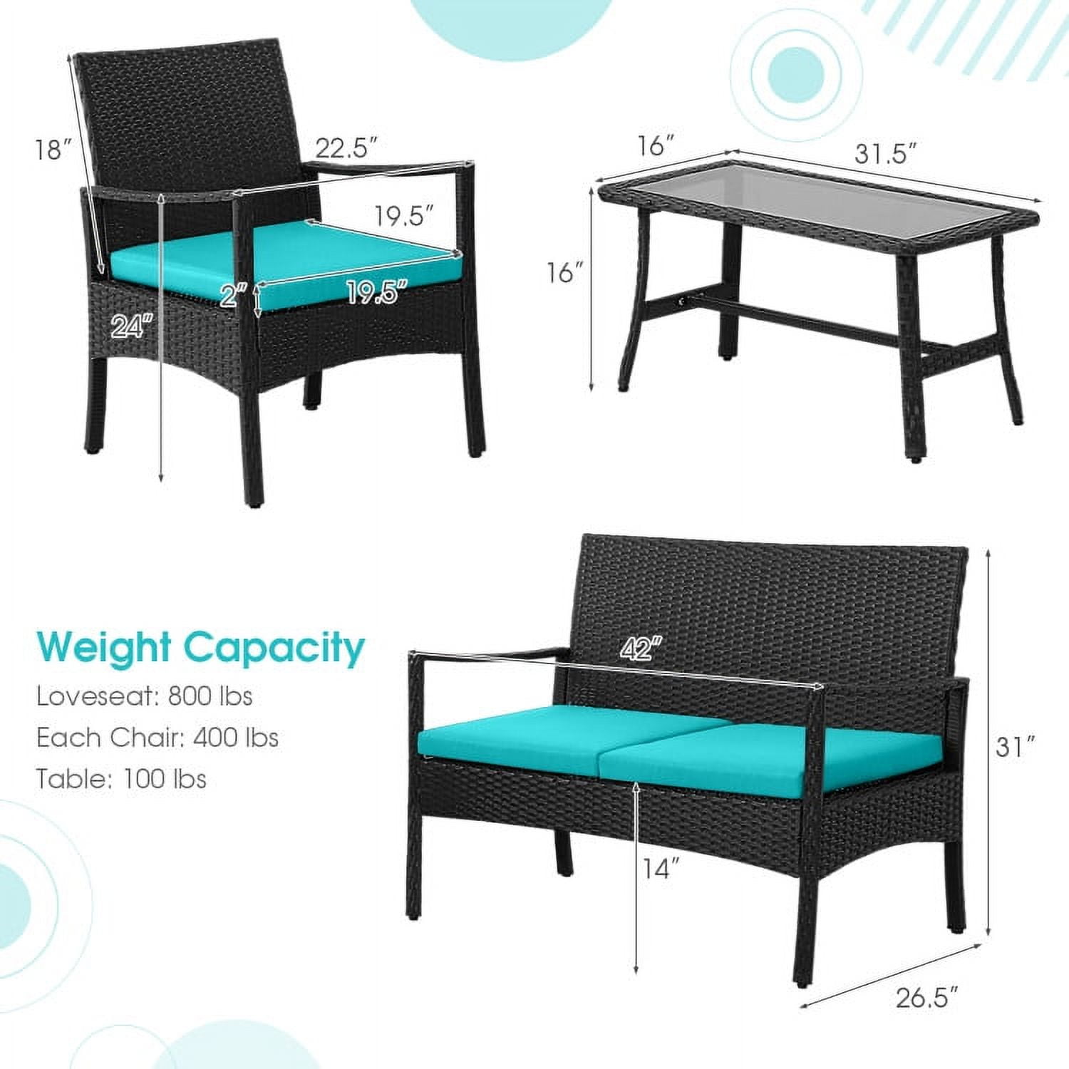 Aimee Lii 4 Pieces Rattan Conversation Set, Patio Table and Chairs Set, Outdoor Patio Set with Tempered Glass Coffee Table, Turquoise Aimee Lii 4 Pieces Rattan Conversation Set, Patio Table and Chairs Set, Outdoor Patio Set with Tempered Glass Coffee Table, Turquoise