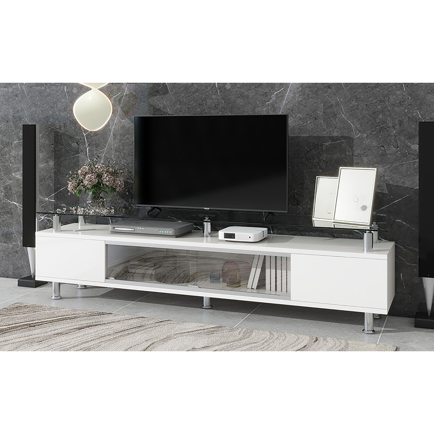 Kadyn TV Stand, Entertainment Center TV Console with Sliding Glass Door and Drawers for TV Up to 70", White