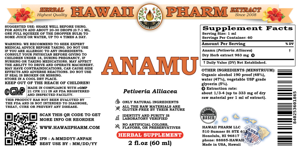 Anamu (Petiveria Alliacea) Dry Herb Liquid Extract. Expertly Extracted by Trusted HawaiiPharm Brand. Absolutely Natural. Proudly made in USA. Tincture 2 Fl.Oz - image 2 of 3
