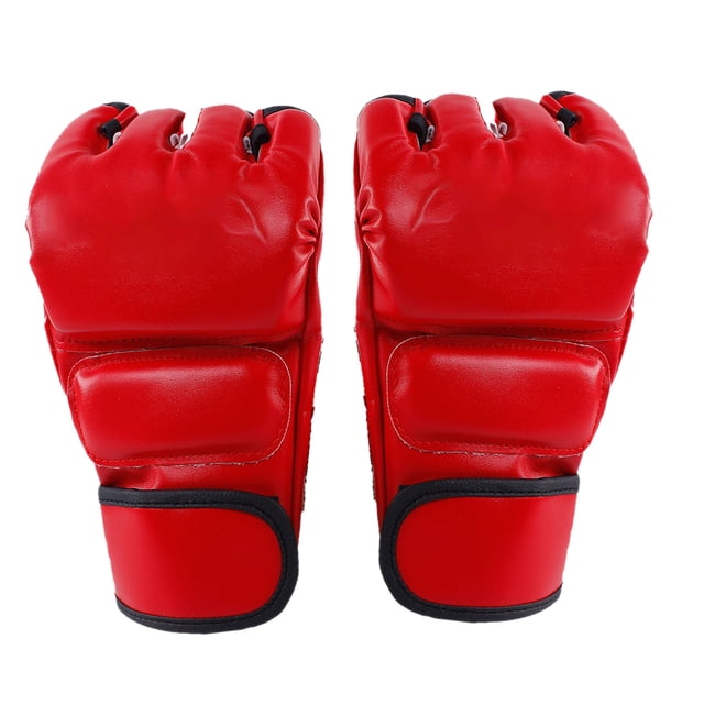 boroco guantes de boxeo sin dedos, 1 par de guantes MMA para adultos rojo, vista frontal centrada de par con palma abierta y medio dedo recortado, relleno de PU y EVA visible, muñequera con cierre de velcro ancho y costuras reforzadas, diseño unisex para kickboxing, muay thai y taekwondo; también suelen usarse para entrenamiento de sparring.
