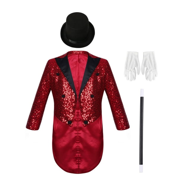 Jizyo Kids Magician Set Sequined Tailcoat with Accessory for Holiday Carnival Stage Performance Themed Party Burgundy 10