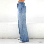 Efsteb Jeans for Women, Women's High Waist Baggy Denim Pants Loose Wide Leg Cargo Jeans Straight Trousers with Pocket Dark Blue L