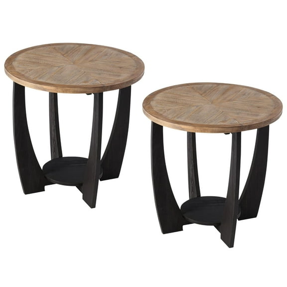 COZAYH Rustic Farmhouse Round End Table, Storage Shelf for Living Room, Black, Set of 2