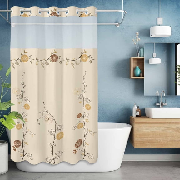 No Hook Shower Curtain with Snap in Liner, Abstract Flower Leaves Waterproof Fabric Bathroom Curtain Mesh Top Window, Retro Floral Brown Shower Curtains 36x72in