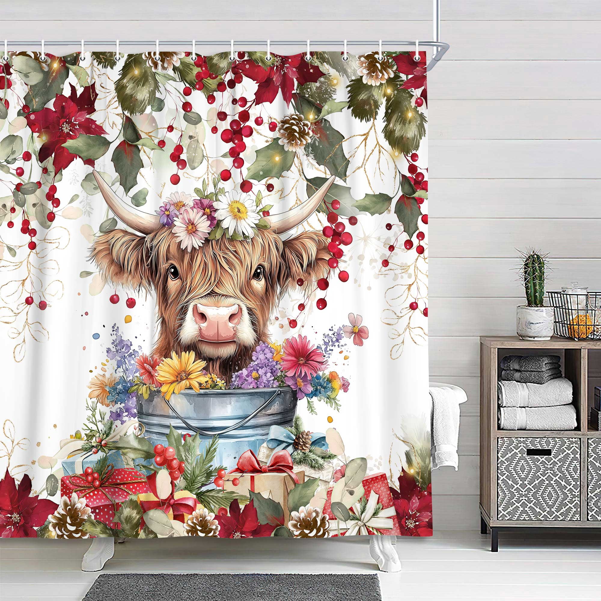 Christmas Highland Cow Shower Curtain, Winter Farmhouse Funny Animals Cute Cow Bath Curtain, Eucalyptus Leaves Pine Tree Red Bathroom Accessories Botanical for Bathroom Curtain Set with Hooks, 72x72in
