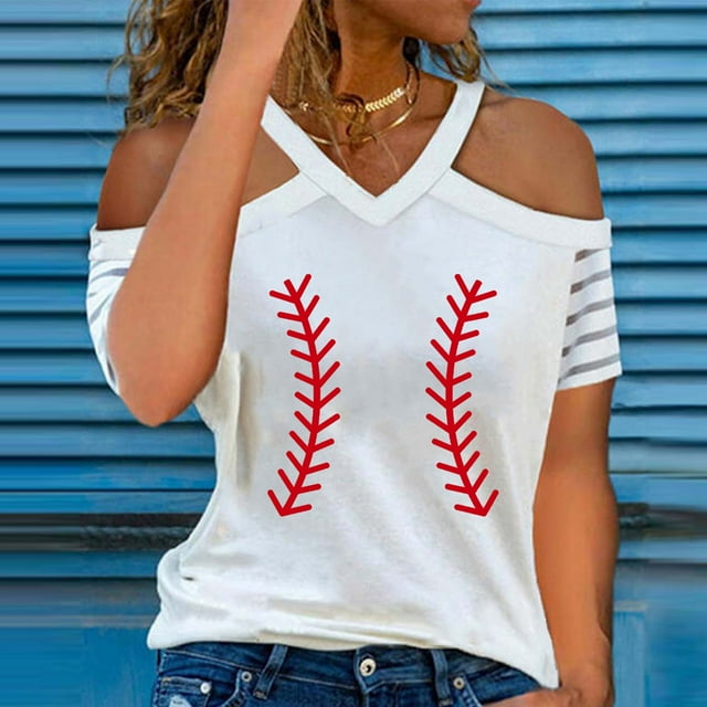 Hauts d'Été Grande Taille pour Femmes Mode Décontractée Col en V Blouse Imprimée Manches Courtes Épaules Dénudées T-Shirt Hauts d'Été Col en V T-Shirt Femmes en Solde