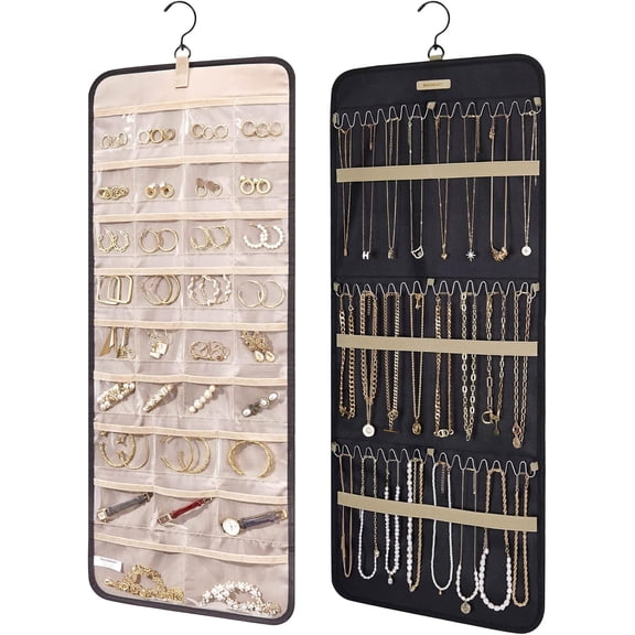 Hanging Jewelry Organizer Storage Roll with Hanger Metal Hooks Double-Sided Jewelry Holder for Earrings, Necklaces, Rings on Closet, Wall, Door, 1 piece, Large, Black