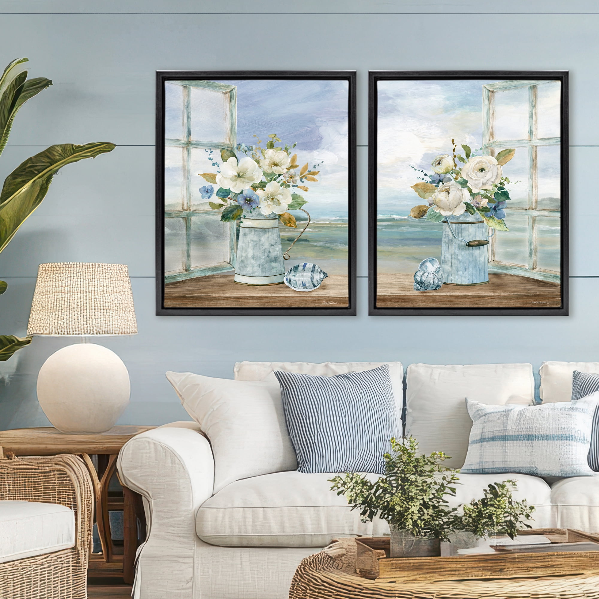 Stupell Industries Seaside Bouquets in Window 2 Piece Black Framed Floater Canvas Set, design by Carol Robinson