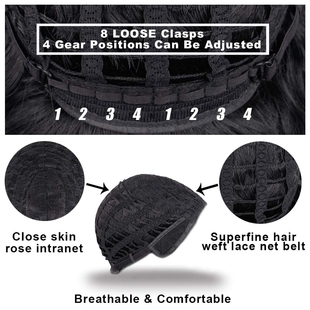 SUCS Black Wavy Wig with Bangs Soft Short Bob Wigs for Women Synthetic Shoulder Length Women's Curly Wigs