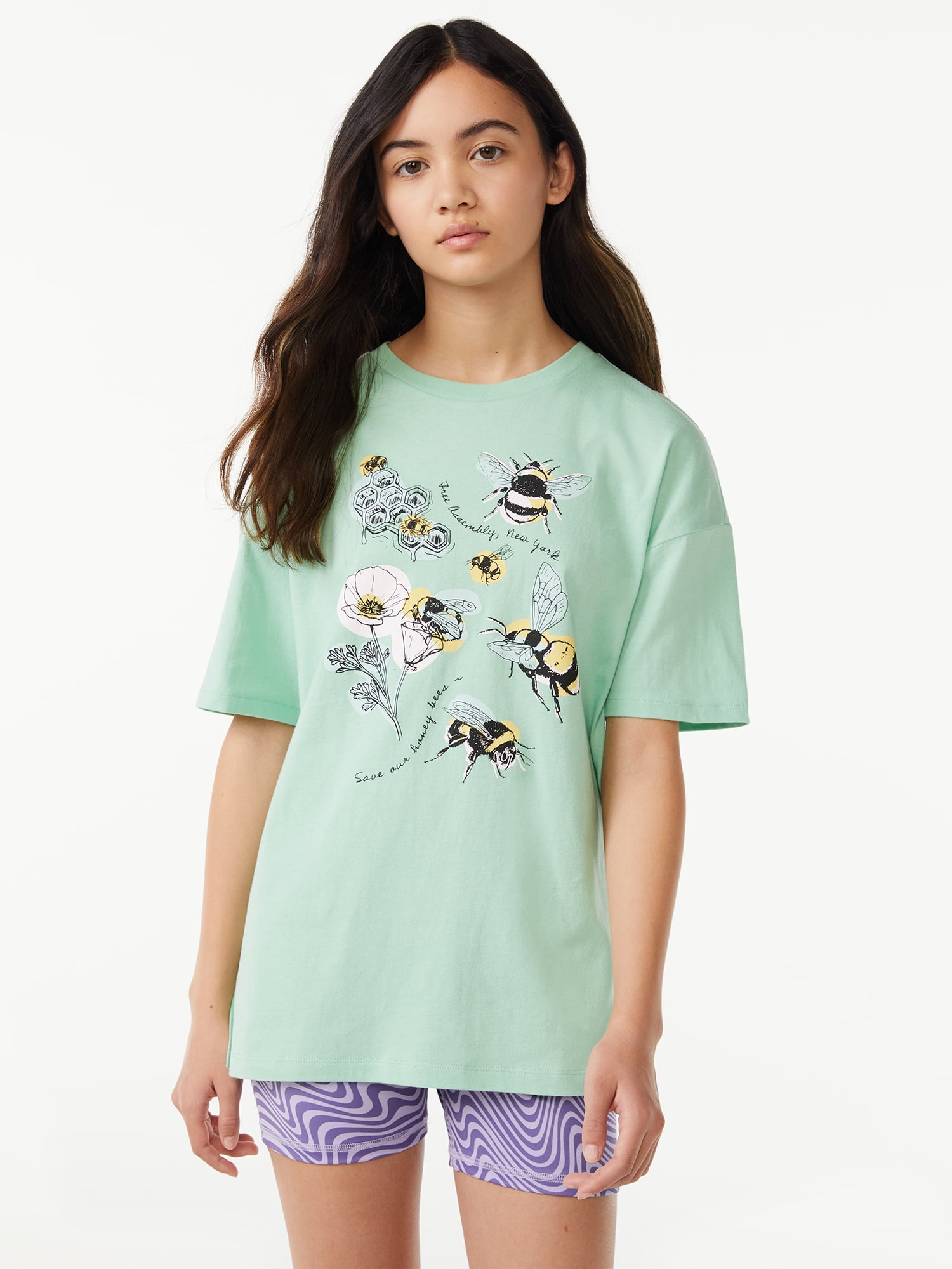Free Assembly Girls Oversized Graphic Tee with Short Sleeves, Sizes 4-18