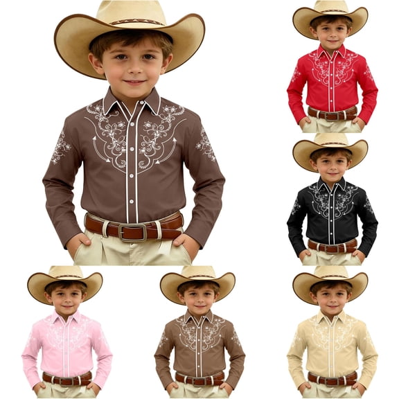 Gunia Boys Western Cowboy Shirts Stylish Denim Shirt Tops Casual Fashion Printed Long Sleeve Button Down Shirt Toddler Boys T Shirts Brown 4-5 Years