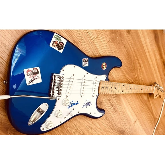 Cheech Marin and Tommy Chong autographed blue Fender electric guitar JSA