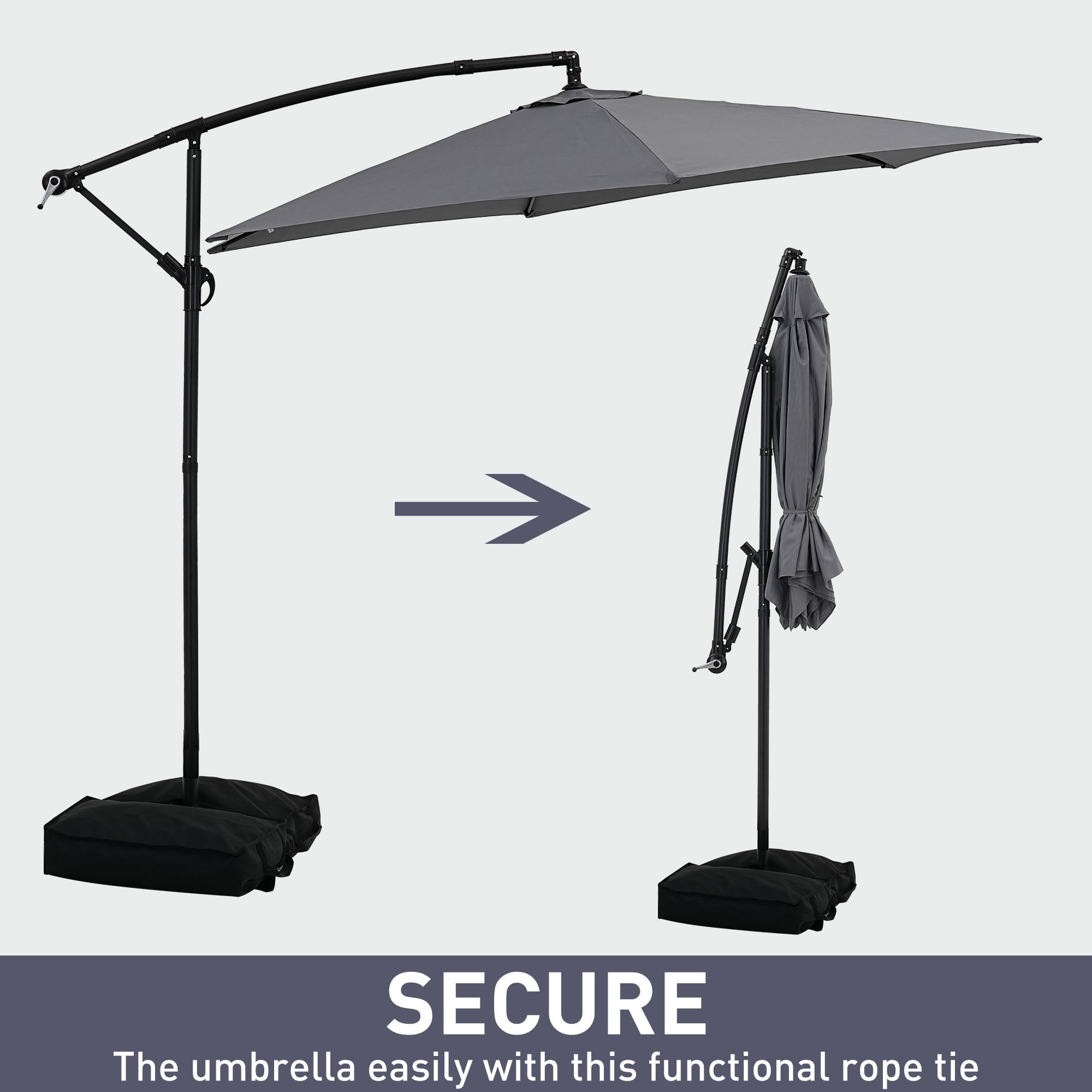 Ainfox 10ft Cantilever Offset Patio Umbrella with Sandbags Weighted Base and Cross Base - Outdoor Market Umbrella, Easy Tilt Adjustment,Grey
