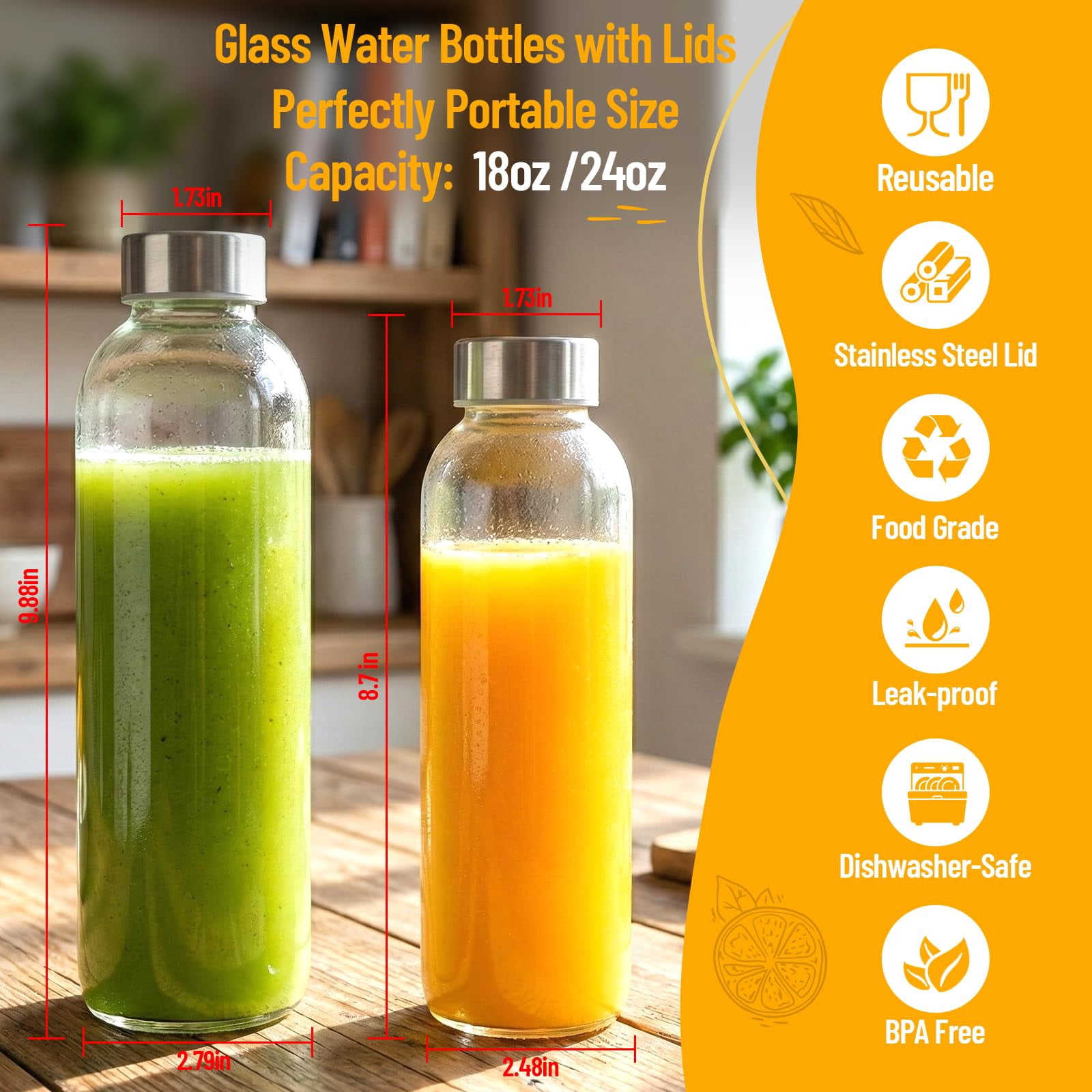 Set of 10 Clear Glass Bottles, with Lids 18 oz Reusable Water, Bottles Stainless Steel Cap Juicing Refrigerator Leak Proof BPA Free