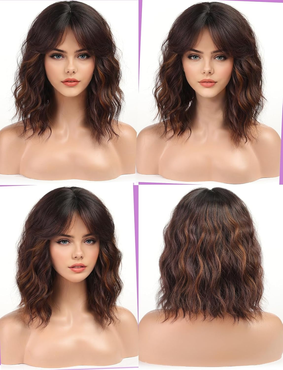 Dopi Short Wavy Bobo Human Hair Brown Mixed Color Wig Curly Hair Medium Short Hair