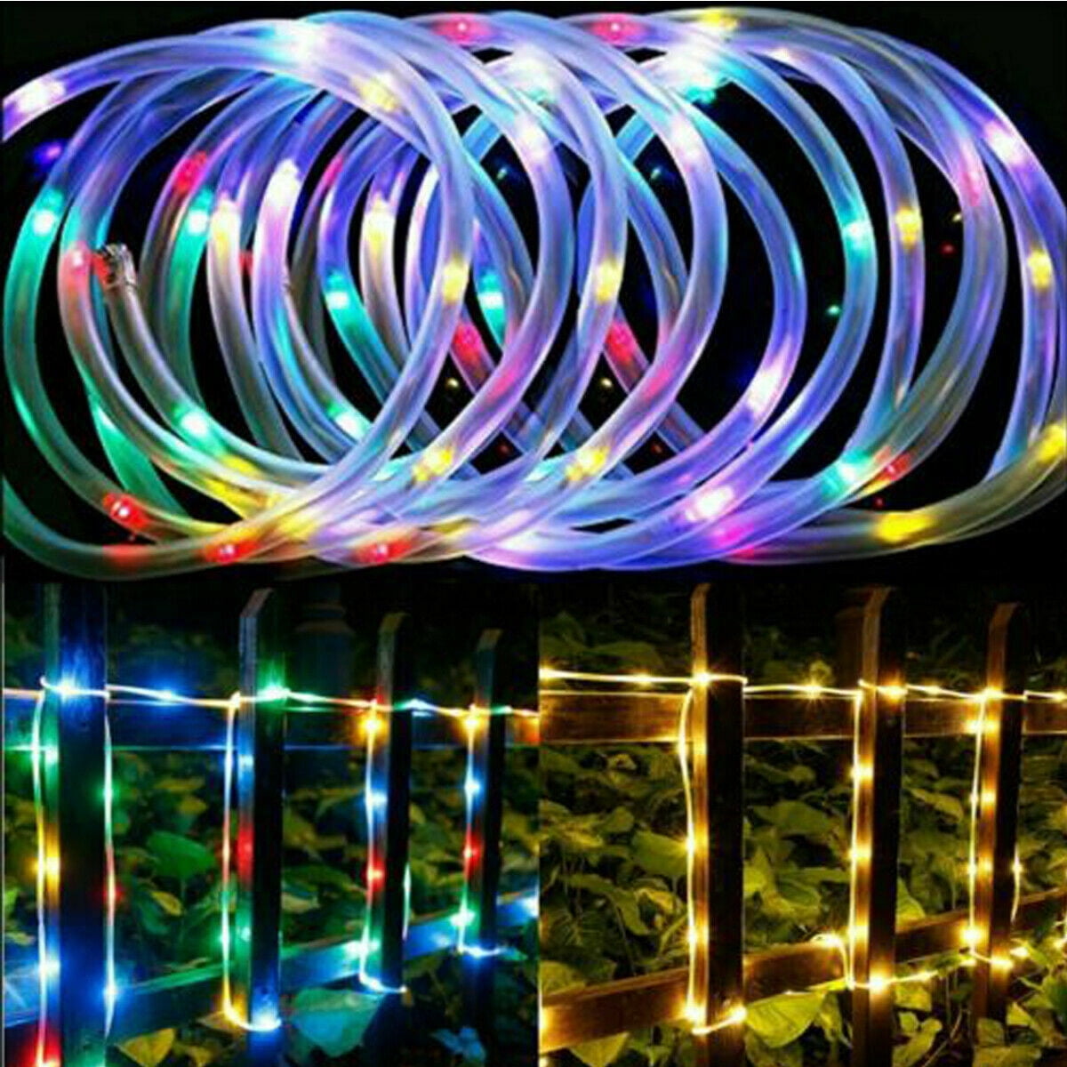 ZOELNIC 73ft 200LEDs Christmas Solar Powered Rope Tube String Lights Strip Outdoor Garden Xmas Tree Holiday Decor Fairy Lights, Mix-color