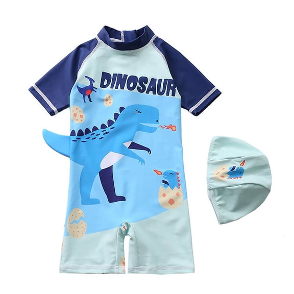 Newborn Baby Infant Boys Swimsuit with Hat Cartoon Print Short Sleeve Round Neck Jumpsuit Bathing Suit A36