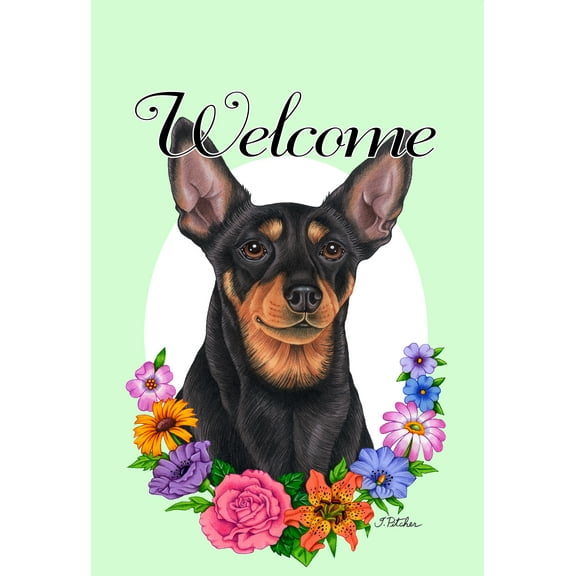 Miniature Pinscher Black/White Cropped - Best of Breed Welcome Flowers House Flags