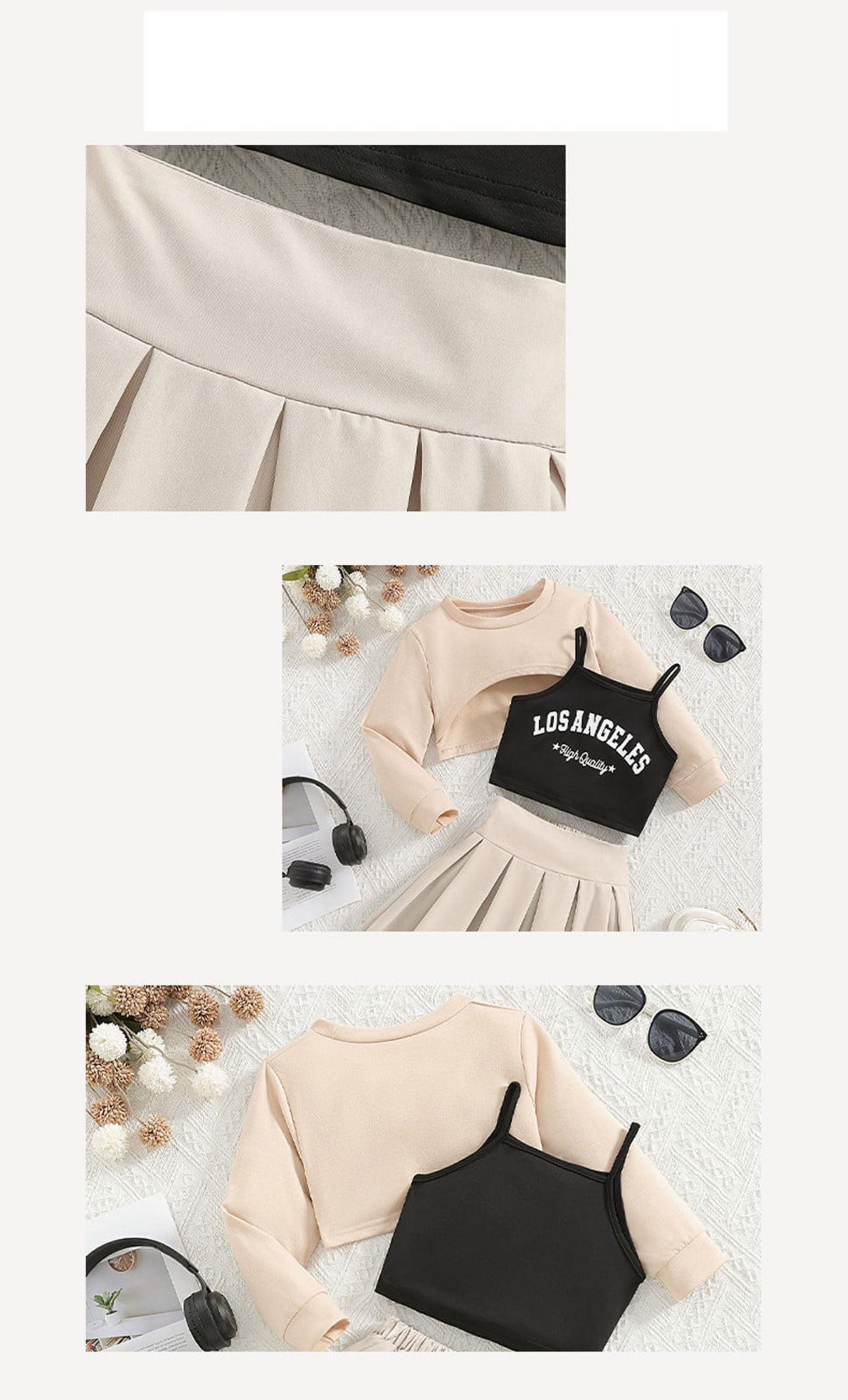 Afdoent Cute Outfits For Girls Outfits Set Casual Summer Outfit Round Neck Long Sleeve Top With Letter Print And Solid Color Short Skirt Set For Girls Cute Kids Clothes 3-4 Years