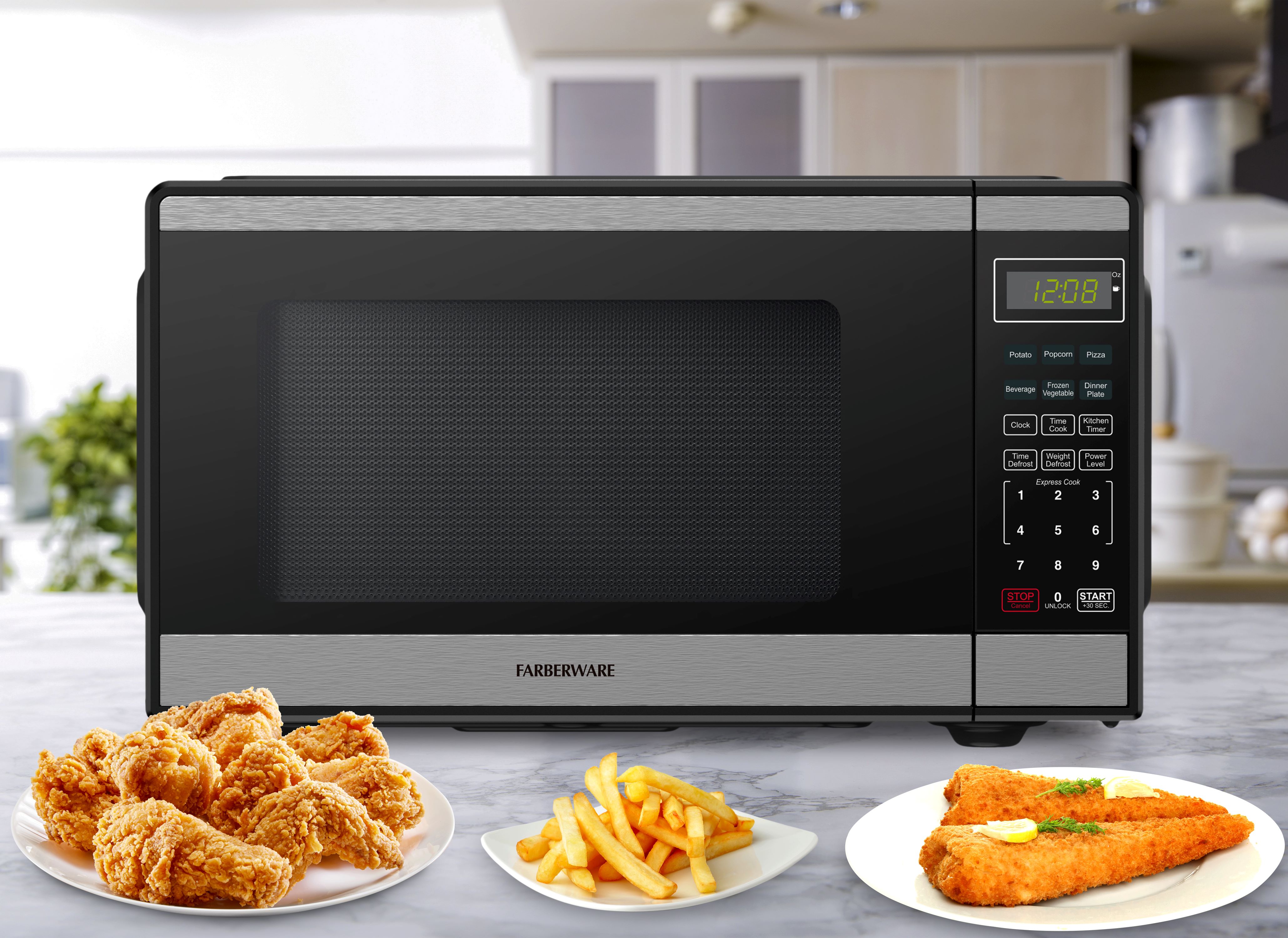 Farberware 0.9 cu ft Microwave Oven, 900W Countertop Microwave Oven with Auto Cook Menu, Black & Stainless Steel