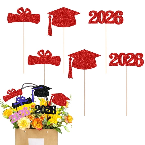 6Pcs 2026 Graduation Centerpieces for Tables Toppers Glitter Graduation Cutouts Cap Sticks Vase Decor Confetti Class for College Graduation Supplies (Red,3 Styles)