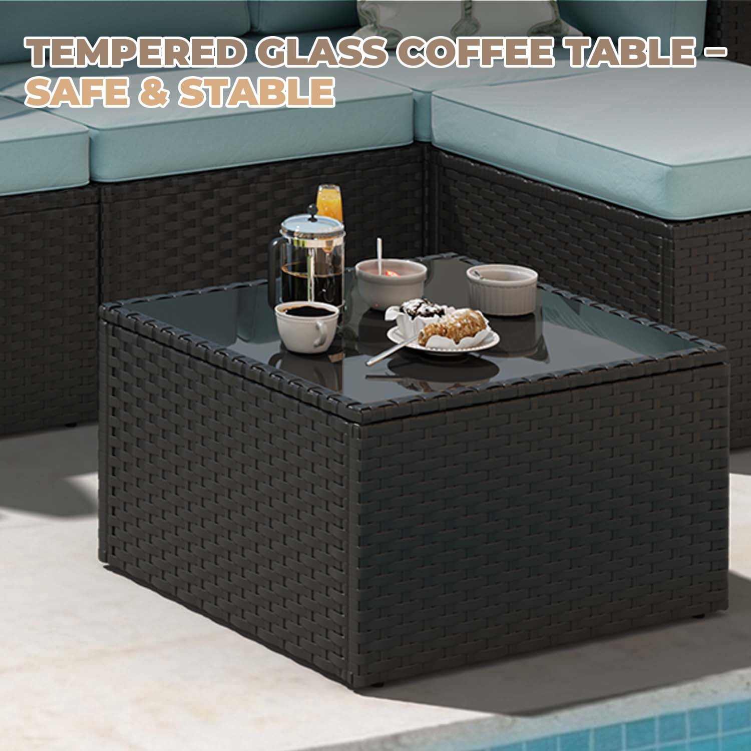 BaPiPro Modular Outdoor Wicker Patio Furniture Set with Tempered Glass Coffee Table & Removable All-Weather Cushions for Backyard, Poolside & Balcony Light Blue