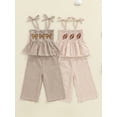 thumbnail image 3 of BemeyourBBs Toddler Baby Girls Football Outfit Cute Infant Baby Girls Summer Clothes Plaid Print Bow Football Embroidery Sleeveless Smocked Camisole Tank Top Elastic Waist Wide Leg Pants Set, 3 of 9