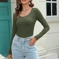 thumbnail image 4 of Elainilye Fashion Women's Undershirt Solid Striped Bottoming Shirt Round Neck Long Sleeve Top Under Shirts,Green, 4 of 6