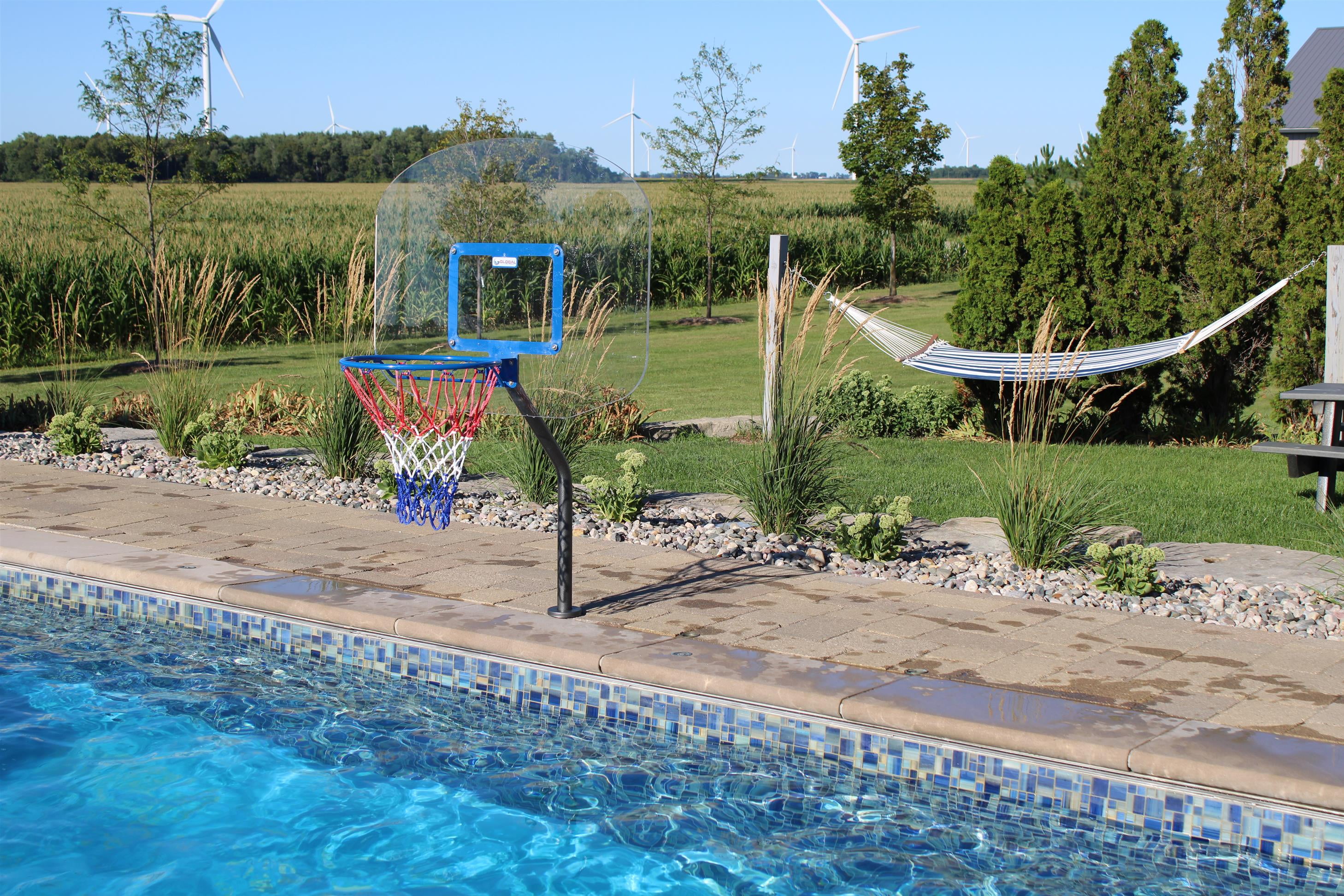 Global Pool Products Heavy Duty 12" Basketball Hoop Set - Stainless Steel Frame - Offset with Net & Ball No Anchor