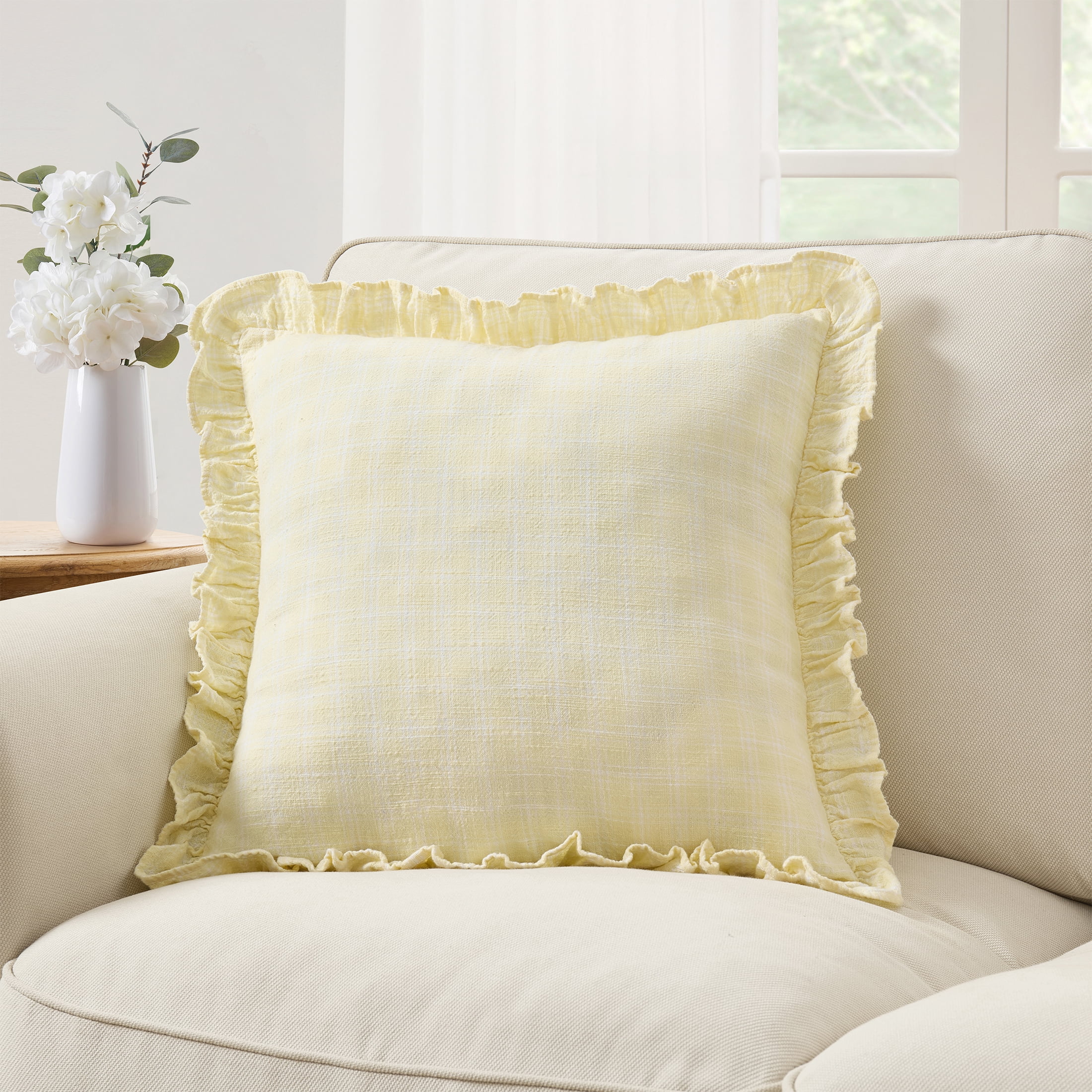 My Texas House 18 in x 18 in Yellow Plaid Ruffle Cotton Decorative Pillow