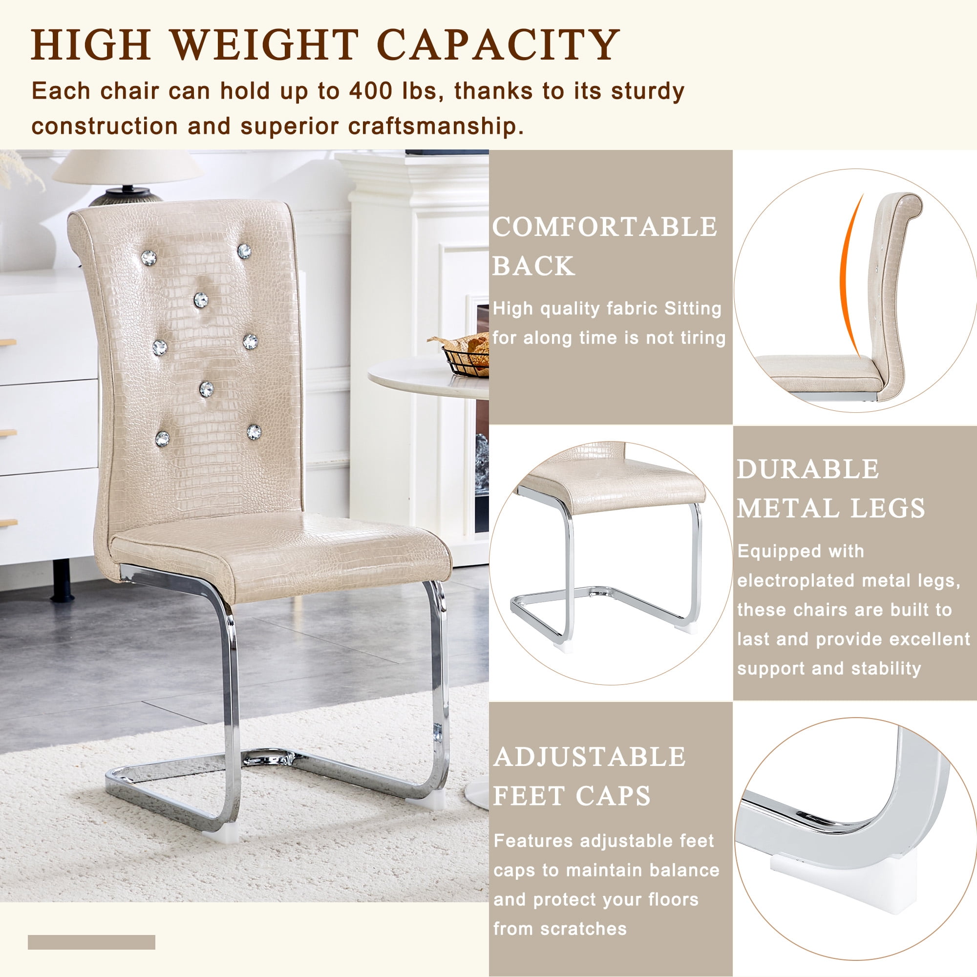 Aukfa Modern Dining Chairs Set of 2 , 400 lbs Heavy-Duty Faux Alligator Leather Kitchen Chairs with Crystal Button Tufted High Back,Beige