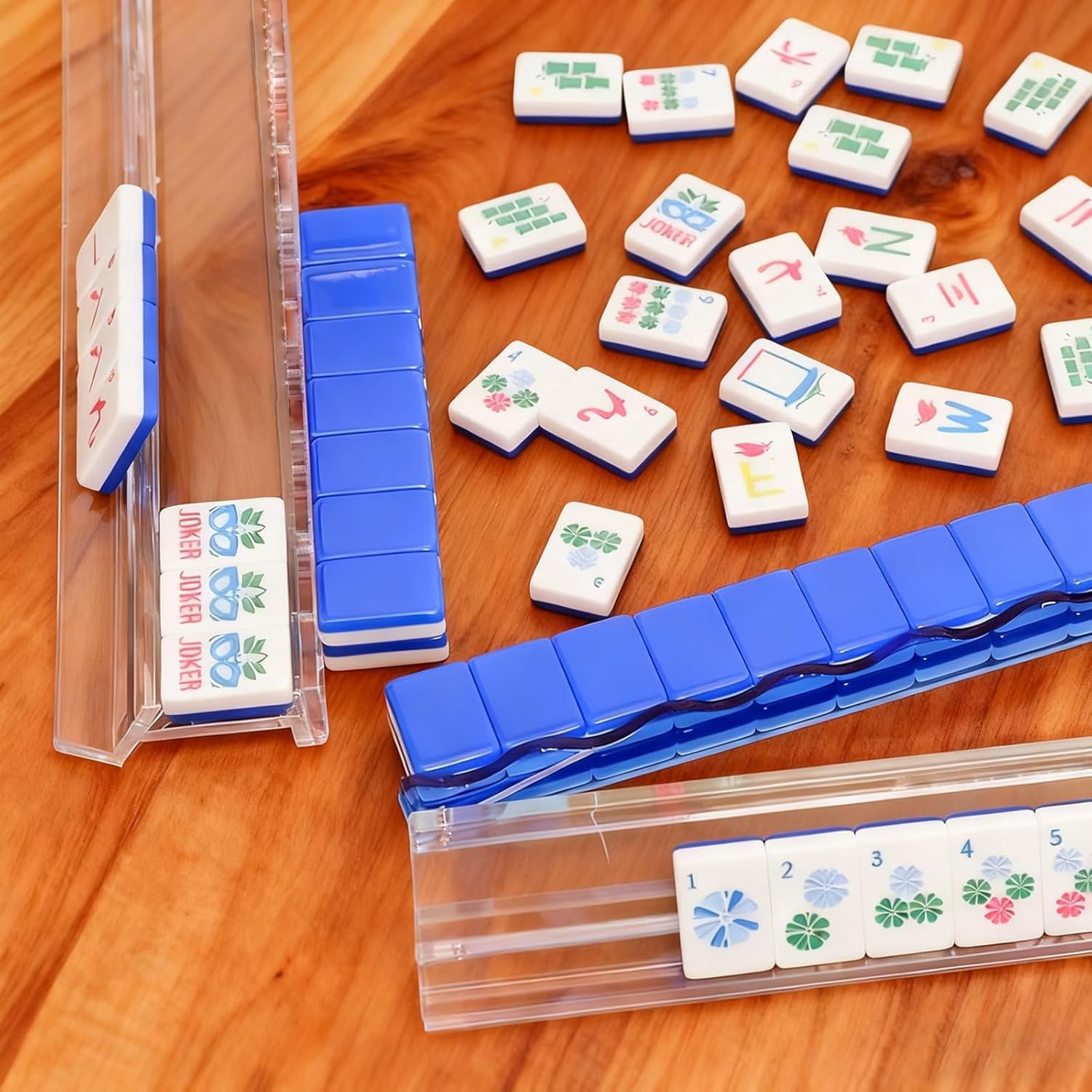 Mahjong Racks with Pushers, Set of 4 Acrylic Mahjong Racks with Magnetically Attached Mahjong Pushers, Easy to Use for Home Game Nights (Transparent)