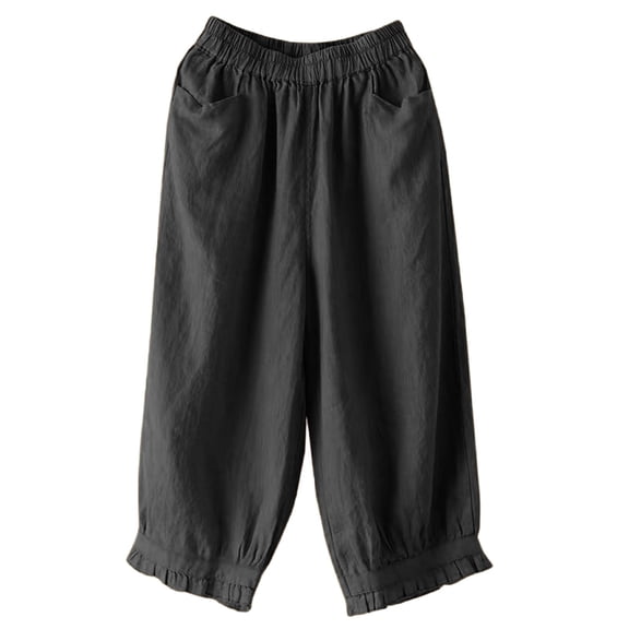 Outfmvch Linen Pants Women Women High Waisted Wide Leg Capris Drawstring with Pockets Flowy Pants for Women Petite Summer Outfits 2026 Trendy Cropped Linen Pants Women Gauchos for Women Black M-3XL