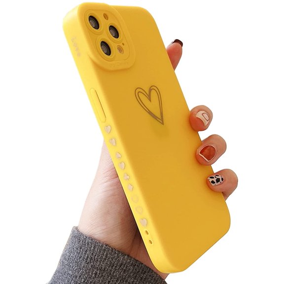 for iPhone 12 Pro Max Case 6.7",Side Back Cute Plated Love Heart with Anti-Fall Lens Cameras Cover Protection Soft TPU Shockproof Anti-Fingerprint Phone Cases for Women Girls Men Yellow