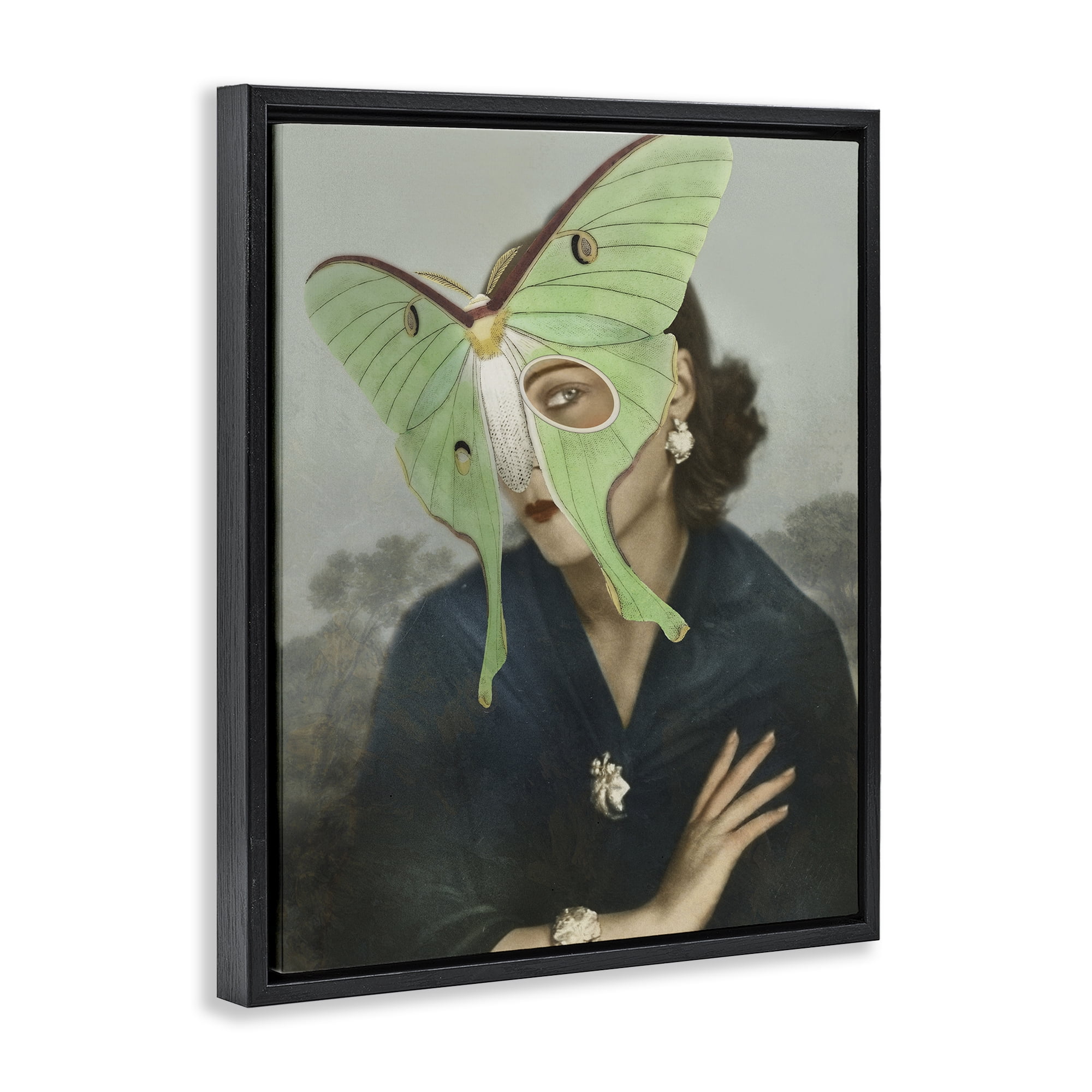 Stupell Industries Naturalist Portrait with Moth Black Framed Floater Canvas Wall Art, design by Victoria Barnes