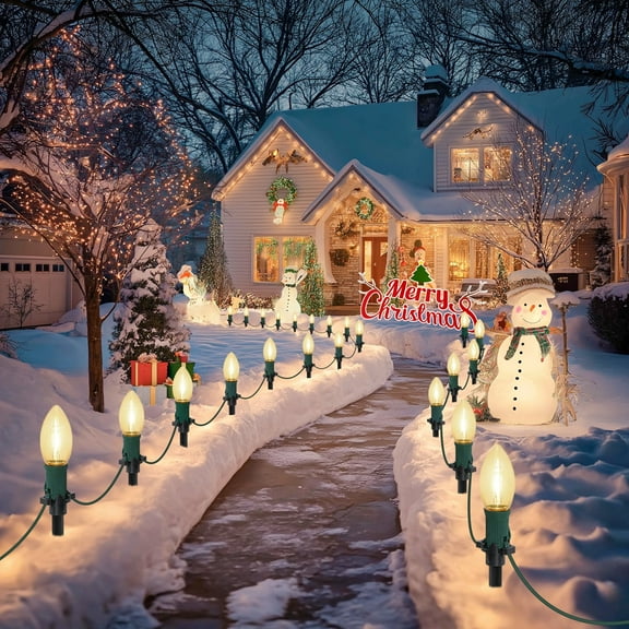 2 Pack, 3-in-1 Electric C9 LED Christmas String Lights With Clips, 20-Light 30FT Pathway Lights With 7.5'' Tall Ground Stakes,Walkway Lights For Roof Christmas Tree Yard Sidewalk Decorations, Warm