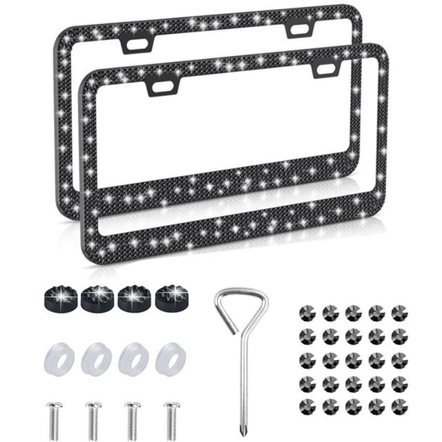 2pcs Bling Car License Plate Frames Sparkly Rhinestone License Plate Cover Stainless Steel Metal Frames