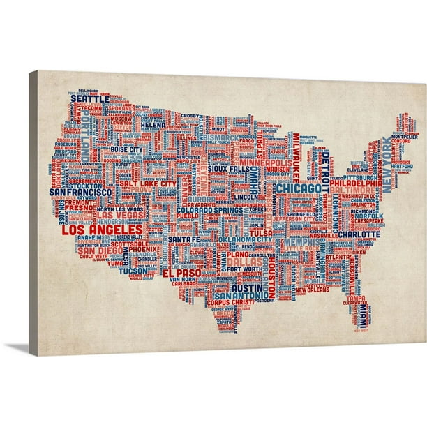 Great BIG Canvas "United States Cities Text Map, US Colors on