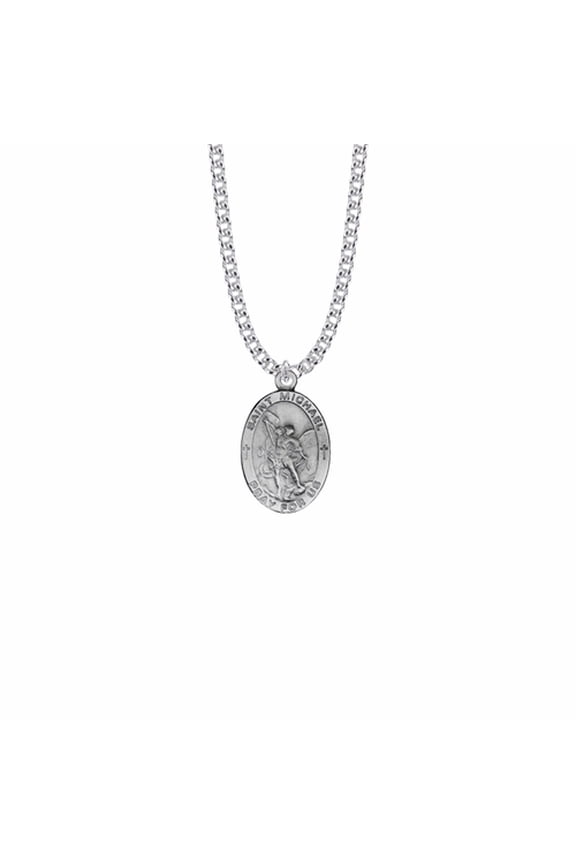 Men's Women's 1 Inch Pewter Oval Saint Michael Medal, Patron Saint of Police with Stainless Steel Rhodium Plated 20" Chain, Style Saint