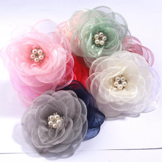 Fleur en Soie Faite à la Main 3.74 Pouces avec Accents de Perles (10 Pcs Multi)