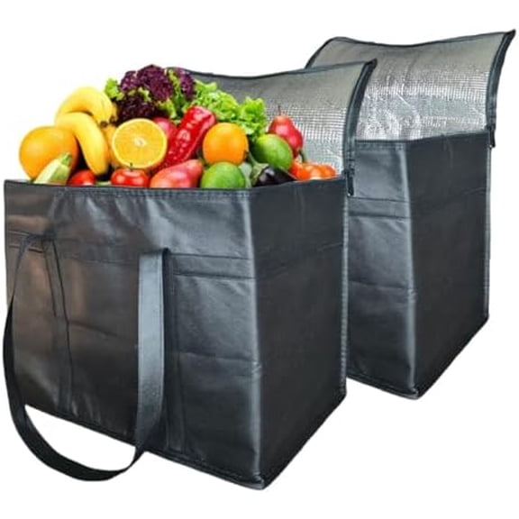 Insulated Grocery Bags with Zipper, 2-Pack, Extra Large, Cooler Shopping Bag for Groceries and Food Delivery, Foldable, Heavy-duty, Reusable, Thermal Cooler Bag$$Home Decor, Kitchen, & Other