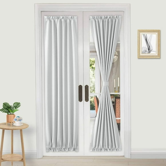 Rideaux de Porte Française DWCN – Rideau Occultant Thermique à Poche pour Tringle pour Portes avec Fenêtre en Verre, Portes de Cuisine et de Patio pour l'Intimité, 25 X 72 Pouces de Long, Ensemble de 1 avec Embrasse, Blanc Grisâtre