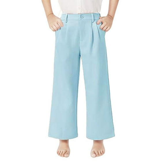 TIREOW Girls Dress Pants Wide Leg Uniform Pants Casual Zipper High Waisted Preppy Trousers Kids Business Casual Pants