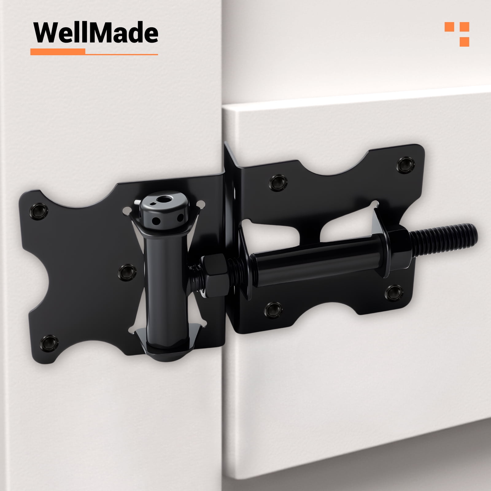 WellMade 2 Pack Heavy Duty Self Closing Gate Hinges，Adjustable Vinyl Gate Hinges with Screws and Swing Adjuster Tool，Black