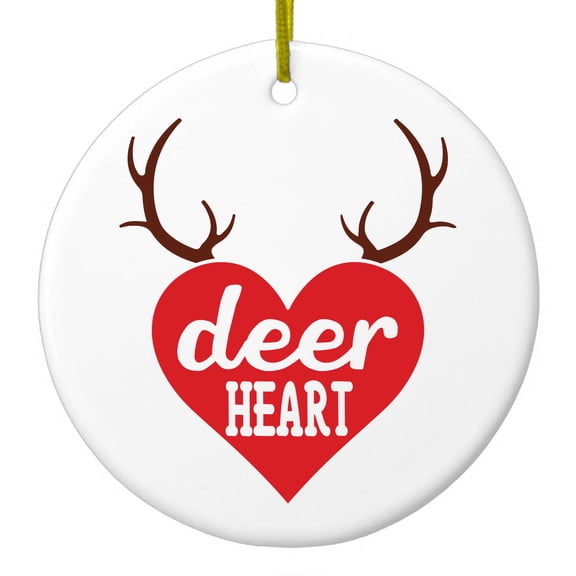 DistinctInk Hanging Ceramic Christmass Tree Ornament with Gold String - Great Gift / Present - 2 3/4 inch diameter - Deer Heart - Red Antlers