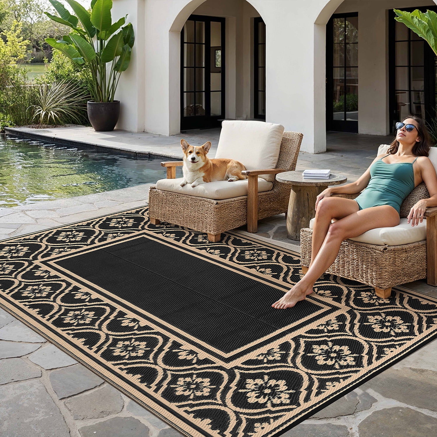 BERTHMEER Outdoor Rugs 5'x8' on Sale Clearance Waterproof Plastic Straw Reversible Patio Rugs for RV Deck Camping Beach Picnic Porch Garden and Balcony Geometric Carpets,Coffee Black