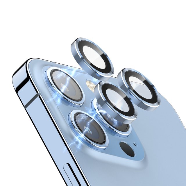 Htwon Camera Lens Protector Metal Ring Tempered Glass Protective Film for iPhone 13 Pro Max/13 Pro, Blue