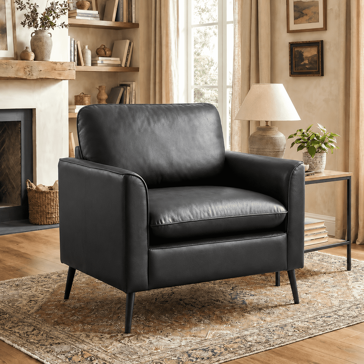 LAZZO Faux Leather Accent Chair, Mid-Century Modern Upholstered Armchair with Curved Armrests for Living Room and Office, Black